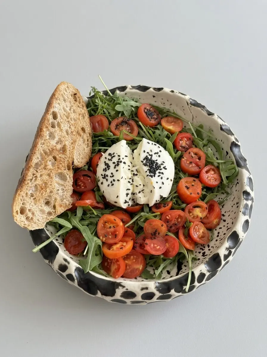Ensalada de burrata con rúcula, tomates cherry y pan tostado en Fresh Ibiza
