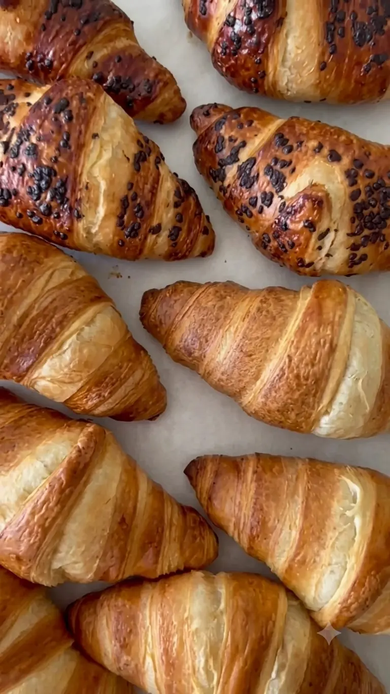 Tray of freshly baked plain and chocolate croissants at Fresh Ibiza